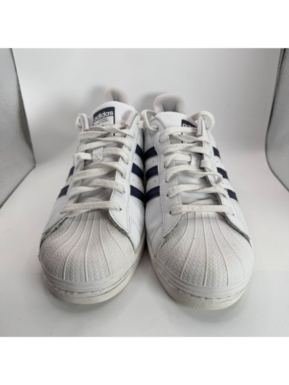 Adidas Superstar White & Navy Mens Sneakers Size 11 Classic Leather Shoes - Picture 2 of 8